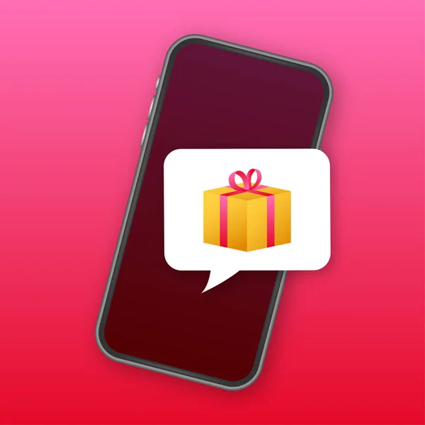 Teilnehmen, um Preise zu gewinnen. Offene rote Geschenkbox und Konfetti auf dem Smartphone-Bildschirm. Gewinnspiel. Vektoraktienillustration. — Stockvektor