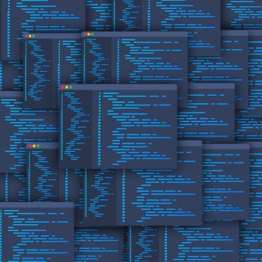 Programlama, web geliştirme konsepti. Çıkartma bum stili. Ekran bilgisayarında kod. Vektör illüstrasyonu.