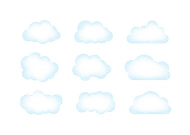Mavi gökyüzü, bulutlar. Bulut ikonu, bulut şekli. Bir dizi farklı bulut. Bulut simgesi koleksiyonu. Vektör illüstrasyonu.