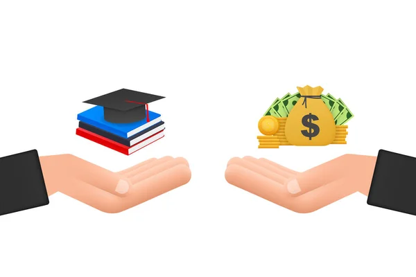 Conceito de investimento em educação com livros e escalas de moedas. Ilustração do estoque vetorial. — Vetor de Stock