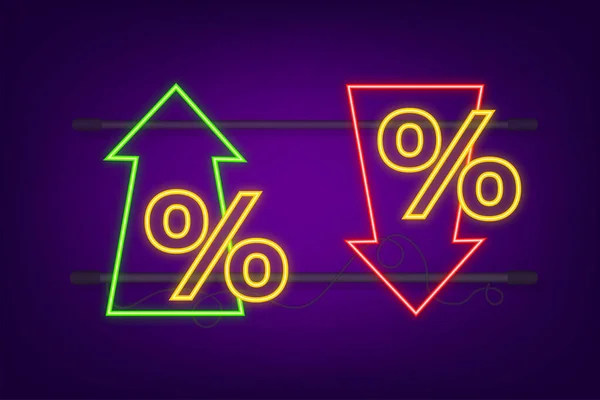 Percentage with arrow up and down. Banking, credit, interest rate. Neon icon. Vector stock illustration. — Stock Vector