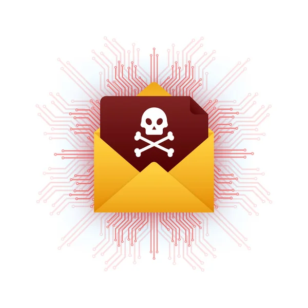 Virus del correo electrónico rojo. Pantalla de ordenador. virus, piratería, piratería y seguridad, protección. Ilustración de stock vectorial. — Archivo Imágenes Vectoriales