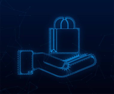 Online alışveriş ve pazarlama ikonu ile çevrimiçi alışveriş konsepti. Alışveriş torbalarını tutan eller. Vektör stok illüstrasyonu