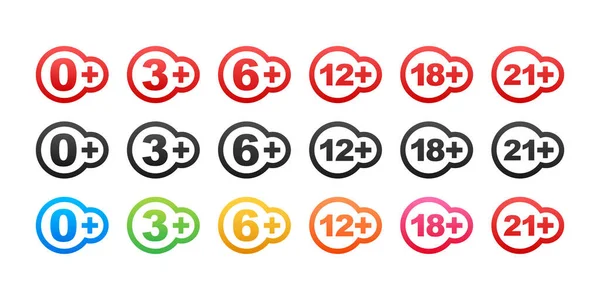 Censurado 0, 3, 6, 12, 18, 21 plus sign limit concept. Restricciones de edad, censura. Ilustración de stock vectorial — Archivo Imágenes Vectoriales