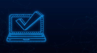 İşaretli ya da işaretli bir dizüstü bilgisayar. Onaylanmış bir seçim. Kontrol işaretini kabul et ya da onayla. Vektör illüstrasyonu