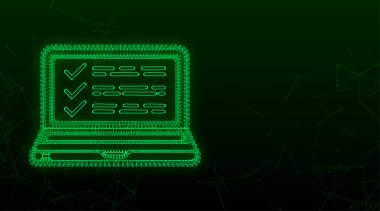İşaretli ya da işaretli bir dizüstü bilgisayar. Onaylanmış bir seçim. Kontrol işaretini kabul et ya da onayla. Vektör illüstrasyonu