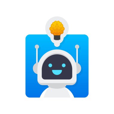 Robot ikonlu ampul. Komik çizgi film karakteri. İş simgesi.