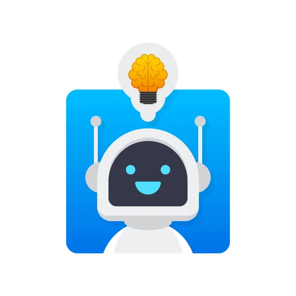 Žárovka s ikonou robota. Vtipná kreslená postava. Ikona podnikání. — Stockový vektor