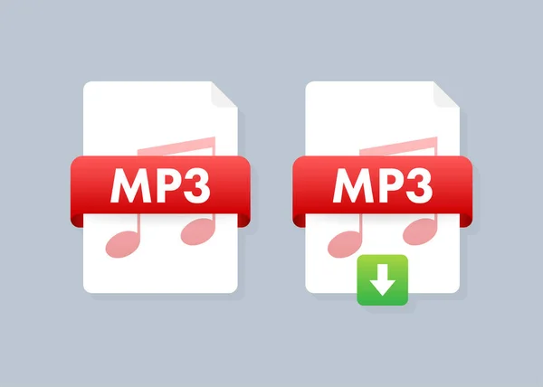 Ladda ner Mp3-knappen på laptop skärm. Ladda ner dokumentet koncept. Fil med Mp3 etikett och ned pil tecken. Vektorillustration. — Stock vektor