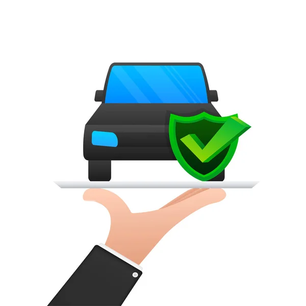 Contrat d'assurance auto document sur les mains. Icône du bouclier. Protection. Illustration vectorielle. — Image vectorielle