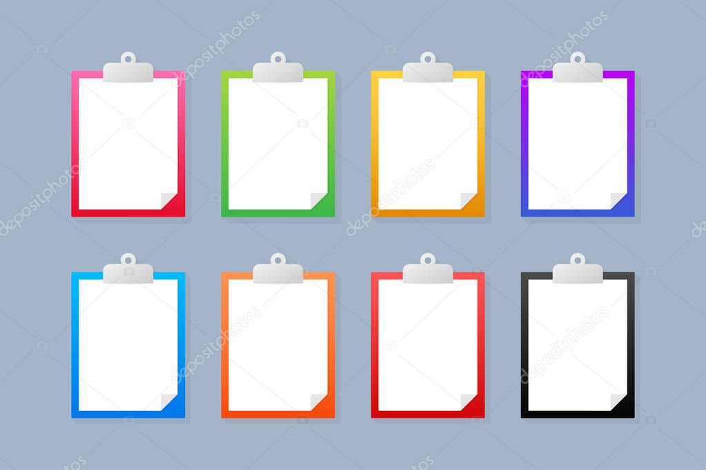 Different color clipboard set with blank white sheet. Vector stock illustration.