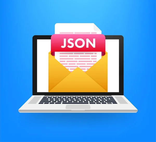 JSON herunterladen. Dokumentenkonzept herunterladen. Datei mit JSON-Beschriftung und Pfeilzeichen nach unten. Vektorillustration. — Stockvektor