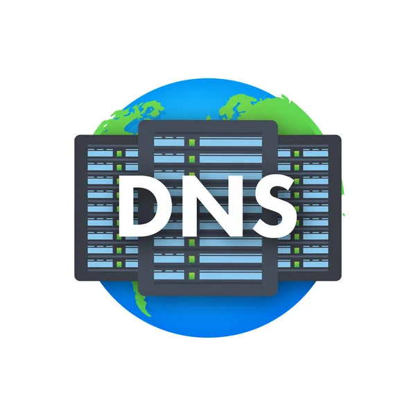 DNS Domain Name System Server. Concetto di rete di comunicazione globale. Concetto di ricerca web. Illustrazione vettoriale. — Vettoriale Stock
