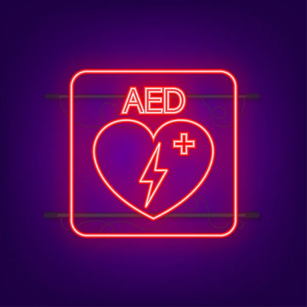 Eerste hulp defibrillator neon teken. Wit hart icoon en wit kruis icoon. Voorraadillustratie van vectoren. — Stockvector