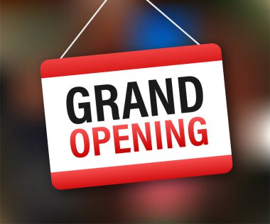 Büyük açılışı olan kapı işareti. Megafon bayrağı. Web tasarımı. Vektör stok illüstrasyonu.