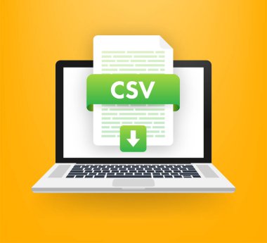 CSV düğmesini laptop ekranına indir. Belge konsepti indiriliyor. CSV etiketli ve aşağı ok işaretli dosya. Vektör illüstrasyonu.
