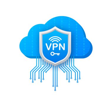Güvenli VPN bağlantı konsepti. Sanal özel ağ bağlantı genel görünümü. Vektör stok illüstrasyonu.
