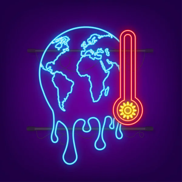 Ícone de néon de aquecimento global, ilustração gráfica de uma terra derretida. —  Vetores de Stock