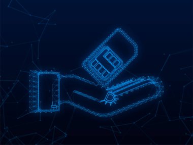 Plexus Cep Telefonu Sim Kart ellerinde. Çip yeşil arka planda izole edildi. Vektör stok illüstrasyonu