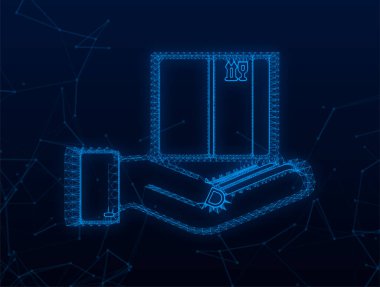 Plexus Carton paket kutusu ellerinde. Teslimat sembolü. Hediye kutusu simgesi. Vektör stok illüstrasyonu