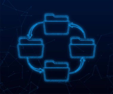 Dosya değişimi ile Plexus simgesi. Düz dijital vektör çizimi. Bulut depolama ikonu. Veri deposu.