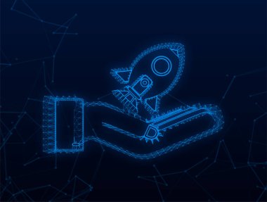 Plexus Roket Başlatma Konsepti ellerinde. Vektör stok illüstrasyonu