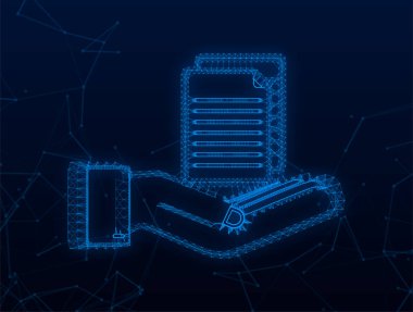 Evraklar elinde. Vektör hisse tasarımı. İş ikonu. Pleksus tasarımı