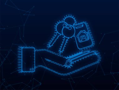 Plexus az önce mavi arka planda el değiştirerek anahtar sattı. Vektör stok illüstrasyonu