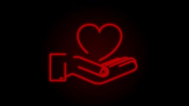 Elleri olan Heart Neon ikonu. Aşk işareti. Romantik kart tasarımı. Sevgililer Günü sevimli posteri. resimleme