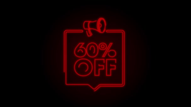 60 percent OFF Sale Discount Banner with megaphone. Discount offer price tag. 60 percent discount promotion Neon icon. Motion Graphic — Stock Video