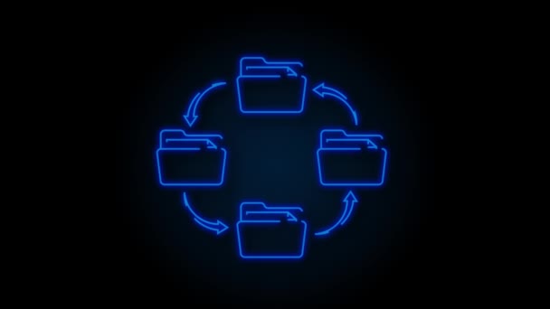 Icono de neón con intercambio de archivos. Icono de almacenamiento en nube. Almacenamiento de datos. Gráfico de movimiento — Vídeo de stock