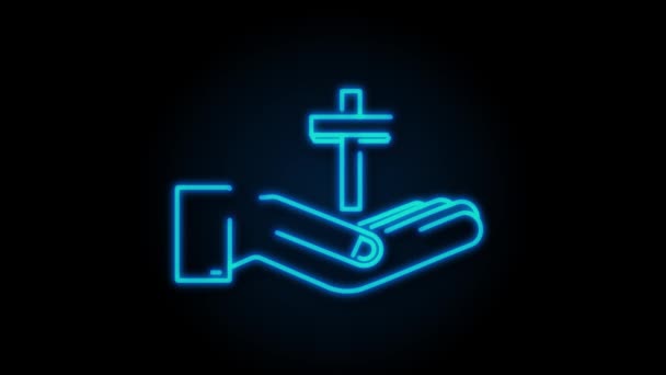 Neon Cross wood icon in hands design. motion graphic — Stock Video