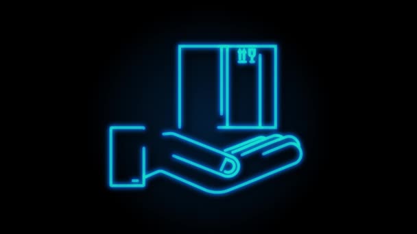 Neon kartondoboz a kezében. Szállítási szállítási szimbólum. Ajándékdoboz ikon. mozgókép — Stock videók