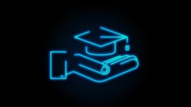 Elinde püskül olan Neon Mezuniyet şapkası, gerçekçi bir harç tahtası. hareket grafiği