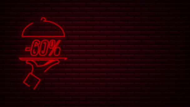 Vassoio a mano 60 per cento di sconto, grande design per qualsiasi scopo. Stile neon. sfondo. Oggetto isolato — Video Stock