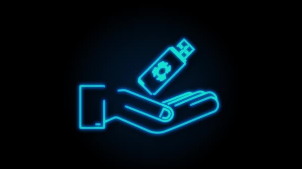 Neon Computer-Virus auf USB-Flash-Karte in den Händen. Virenschutz. Bewegungsgrafik — Stockvideo