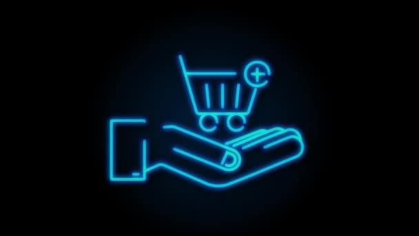 Añadir al carrito Icono de neón con manos. Icono del carrito de compras. Gráfico de movimiento — Vídeos de Stock