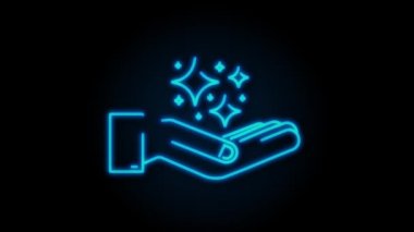 Neon ellerde parlayan semboller. Orijinal yıldız kümesi ışıldıyor. Parlak havai fişek, dekorasyon pırıltısı, parlak ışık. hareket grafiği