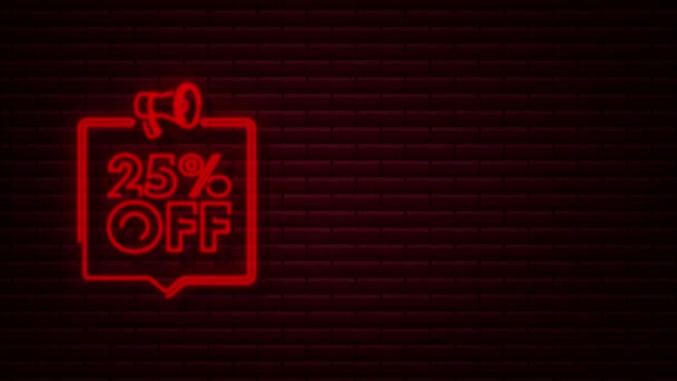 25 per cento OFF Vendita Banner sconto con megafono. Sconto offerta prezzo tag. 25 per cento di sconto promozione Neon icona. Motion Graphic — Video Stock