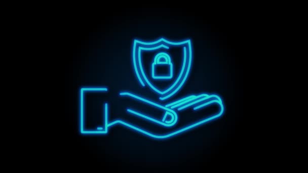 Neon shield, a symbol of protection and reliability with hands. motion graphic — Stock Video