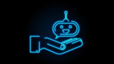 Şirin gülümseyen robot Neon ikon ellerinde. Ses destek robotu. Hareket Grafiği