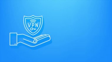 Ellerle Neon Safure VPN bağlantı konsepti. Elinde VPN işareti olan hnads. Sanal özel ağ bağlantı genel görünümü. Hareket Grafiği