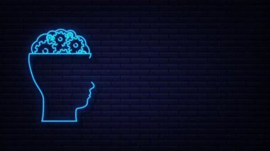 Siluet adam kafa dişlileriyle Neon simgesi. Akıl sağlığı konsepti. İş konsepti. Hareket Grafiği