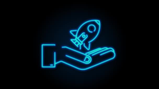 Neon Rocket Start Up Concept en las manos. gráfico de movimiento — Vídeo de stock