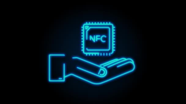 Icono de procesador de neón NFC con las manos. Chip NFC. Comunicación de campo cercano. gráfico de movimiento — Vídeos de Stock