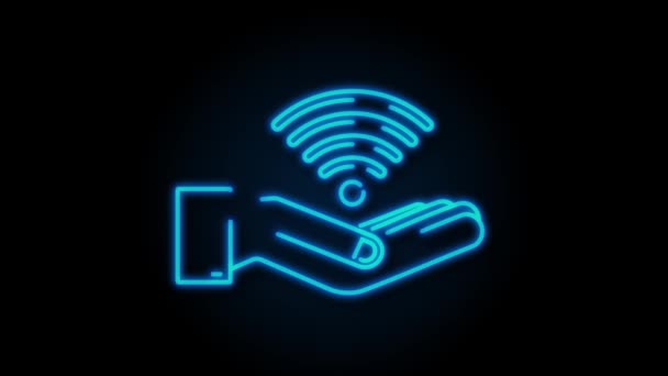 Free wifi zone Neon sign in hands icon. Free wifi here sign concept. Motion Graphic — Stock Video