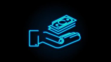 Konsept tasarım için neon para eli. El ele tutuşan yeşil para banknotu. hareket grafiği