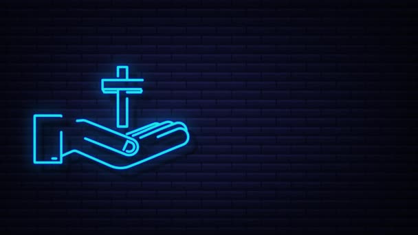 Neon Cross ξύλινο εικονίδιο στο σχεδιασμό των χεριών. γραφική κίνηση — Αρχείο Βίντεο