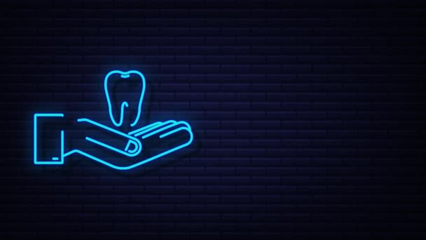 Neonowy dentysta-ikona zębów. Zdrowe zęby w rękach. grafika ruchowa — Wideo stockowe