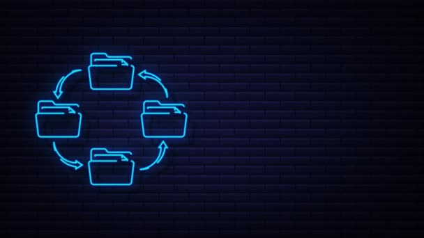 Icono de neón con intercambio de archivos. Icono de almacenamiento en nube. Almacenamiento de datos. Gráfico de movimiento — Vídeo de stock